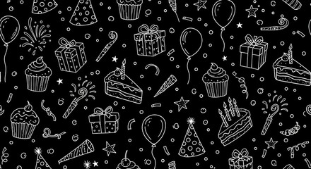 A festive black and white pattern of birthday elements