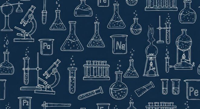 Scientific equipment and symbols sketched on a dark blue background - Powered by Adobe