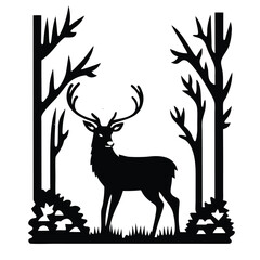 Silhouette Deer in Forest on White Background Isolated Design