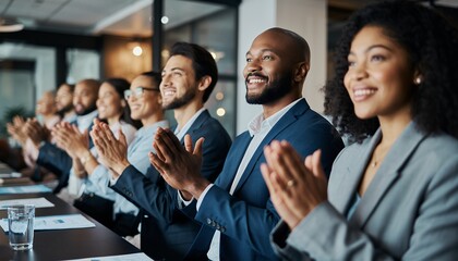 Diverse group of professionals clapping hands during a meeting in modern office setting. Concept for corporate training, business achievement and success celebration