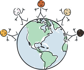 Cute childlike illustration of world peace concept, with children holding hands around Earth. Colorful, happy and positive drawing promoting unity, friendship and diversity.