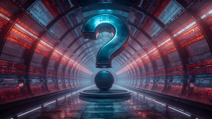 Flickering lights causing question mark sculpture reflecting red panels and white strips in tunnel - Powered by Adobe