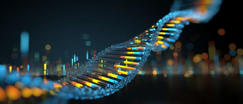 The intersection of technology and genetics: studies in shadowy labs. Financial report. In a shadowed room, experts analyze dna displays for modern genetic studies. Data insights. - Powered by Adobe