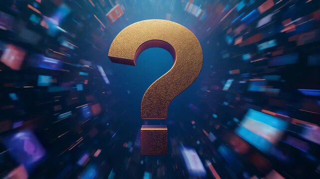 Opening frame showing 3D golden question mark fading to center in digital space, shards swirling