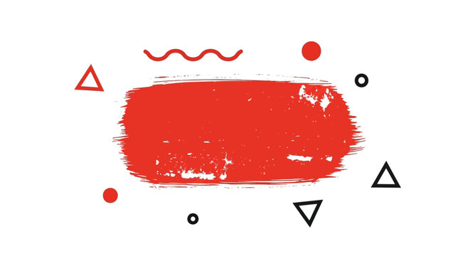 A red paint stroke surrounded by red black geometric shapes on a white background
