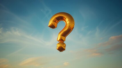 Drifting into view gold question mark balloon rotating in open-air dawn sky, invoking curiosity - Powered by Adobe