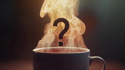 Placing brown ceramic mug on dark tabletop, releasing amber steam with question mark shape forming - Powered by Adobe
