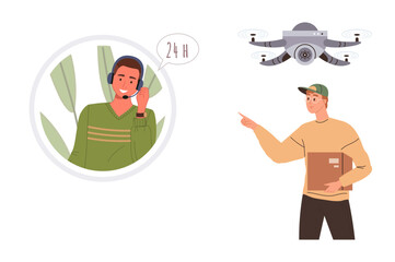 Delivery worker holding a box, pointing at flying quadcopter, customer service agent on call with 24H. Ideal for logistics, delivery, innovation, customer support, technology, e-commerce