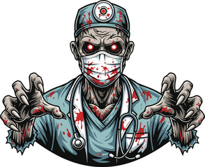Zombie doctor vector, cartoon undead medic with stethoscope and mask, horror healthcare character, Halloween surgeon illustration, scary hospital monster, bloodstained scrubs