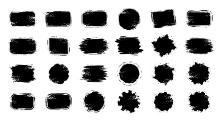 An array of grungy black paint swatches in diverse geometric forms