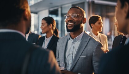 Smiling african american man enjoying a social gathering with business colleagues, concept for networking event, corporate party and professional development meeting