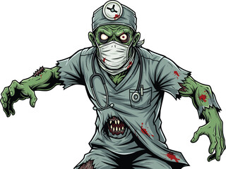 Zombie doctor vector, cartoon undead medical professional with stethoscope and mask, horror healthcare character, Halloween surgeon illustration, scary hospital monster