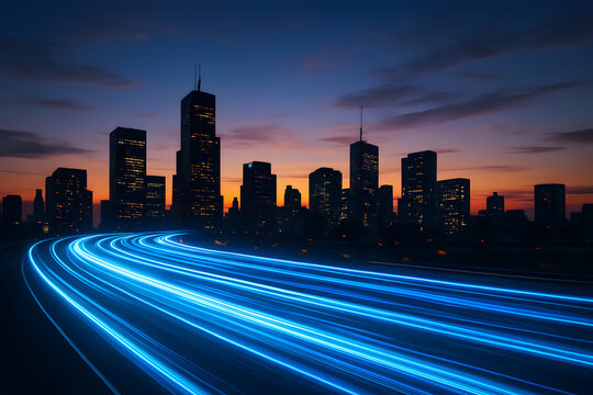 Dynamic city skyline at dusk with vibrant blue light trails capturing the pulse of urban motion and modern progress