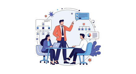 Business team collaborates in an office meeting, with a leader presenting strategies and colleagues working on laptops, surrounded by planning and data elements.