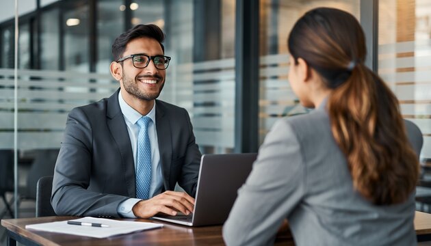Smiling businessman in suit using laptop during meeting with female colleague in office. Concept for recruitment interview, performance appraisal and company growth