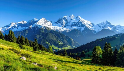 Obraz premium Majestic Snow Capped Mountains Rise Above Verdant Green Valleys Bathed in Golden Sunlight