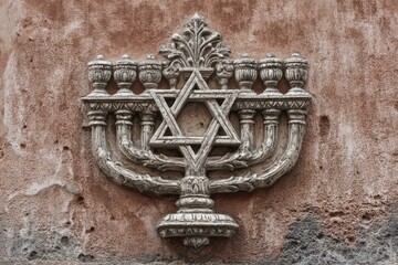Jewish Ghetto Rome. Star of David and Menorah Symbolizing Judaism in Rome