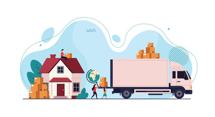 People moving into a new home with a large delivery truck and cardboard boxes, symbolizing relocation and global delivery services.