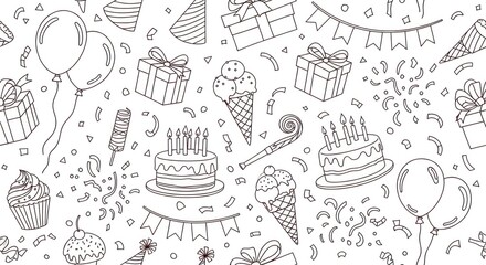 Birthday party doodle pattern with cakes, gifts, balloons, ice cream, and confetti