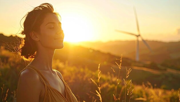 Serene woman with eyes closed feeling warm sun during sunset in a grassy field with wind turbine in background