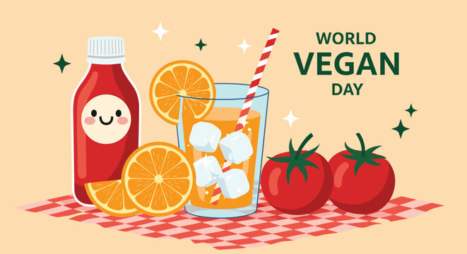 A vibrant illustration celebrating World Vegan Day with fresh fruits, vegetables, and refreshing drinks arranged on a picnic blanket.