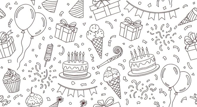 Birthday party doodle pattern with cakes, gifts, balloons, ice cream, and confetti