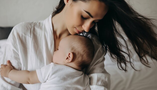 Young mother in a white shirt tenderly holding her sleeping baby indoors, concept for family bonding, postnatal care and motherhood bliss