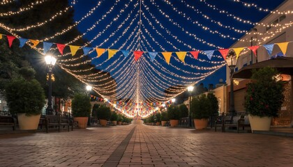 Pathway illuminated with string lights and festive flags at dusk, creating a magical atmosphere, concept for city events, holiday celebrations and urban beautification