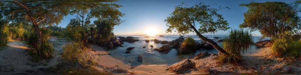 Obraz premium Jungle 360. Sunset Seascape at Masoala National Park, Madagascar: Panoramic View of Beach