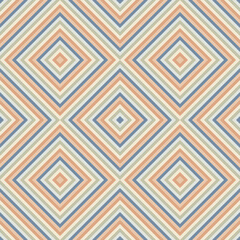 Seamless geometric pattern featuring concentric diamond shapes in soft pastel shades of blue, orange, and beige. Ideal for textile prints, wallpapers, wrapping paper
