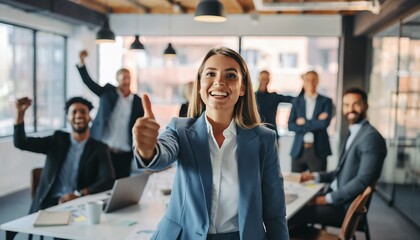 Cheerful businesswoman giving thumbs up with diverse team celebrating success behind, concept for team achievement, business growth and corporate leadership