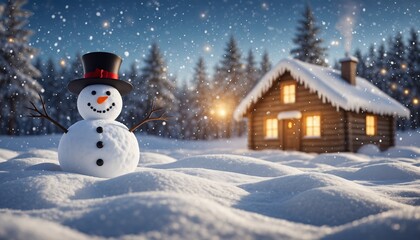 Snowman wearing a top hat stands in snowy landscape near log cabin, winter scenery. Concept for holiday greetings, seasonal backgrounds and Christmas decorations