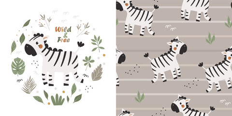 Obraz premium Children's set of poster and seamless pattern with cute zebras. Perfect for kids bedding, fabric, wallpaper, wrapping paper, textile, t-shirt print.