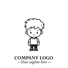 Black and White Chibi Boy Illustration with Jacket and Boots in Bold Thick Line Art Minimal Style
