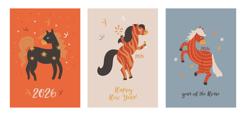 A set of New Year's cards featuring horses as the symbol of 2026. New Year's posters in A4 format
