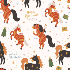 Vector seamless pattern with the symbol of 2026, the year of the fire horse. Perfect for Christmas paper, fabric and gift designs