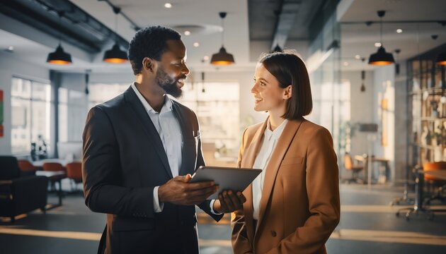 Diverse business colleagues discussing data on a tablet in modern office setting, concept for collaborative teamwork, executive consulting and successful partnerships
