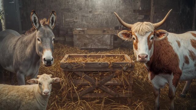 Donkey, sheep and cow shifting gazes toward camera inside rustic barn stall, with wooden hay trough