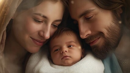 Zooming camera initiating parents cradling newborn in stable, with gold sparkles for bonding - Powered by Adobe