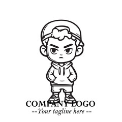 Obraz premium Black and White Chibi Boy Illustration with Jacket and Boots in Bold Thick Line Art Minimal Style 