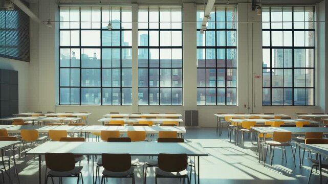 Sunlight streams through large windows of a spacious classroom, illuminating rows of empty desks and chairs. The city skyline is visible in the background, adding urban charm.