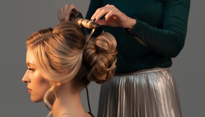 Fototapeta premium Close up of blonde woman getting hair curled by a stylist in silver skirt. Concept for bridal hairstyle, high fashion beauty and luxurious salon treatment
