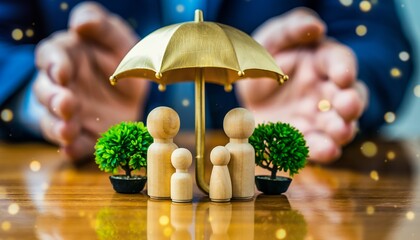 Wooden family figurines and plants under a gold umbrella with hands in background on wooden table. Concept for family protection, financial security and insurance coverage