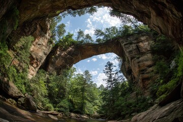 Kentucky Red River Gorge: Horizontal View of Fishing and Camping with Colorful Trees and Stone Arch
