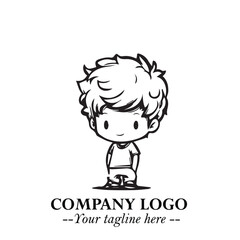 Black and White Chibi Boy Illustration with Jacket and Boots in Bold Thick Line Art Minimal Style
