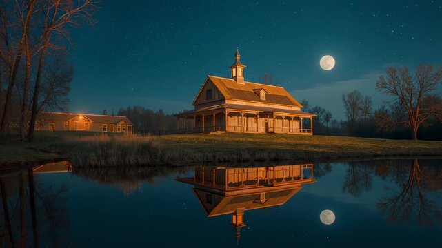 Panning camera circling historic wooden house beside pond, with full moon reflection, cupola detail