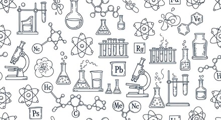 Chemistry lab doodle pattern with flasks, microscopes, atoms, molecules, and test tubes