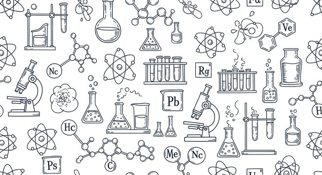 Chemistry lab doodle pattern with flasks, microscopes, atoms, molecules, and test tubes