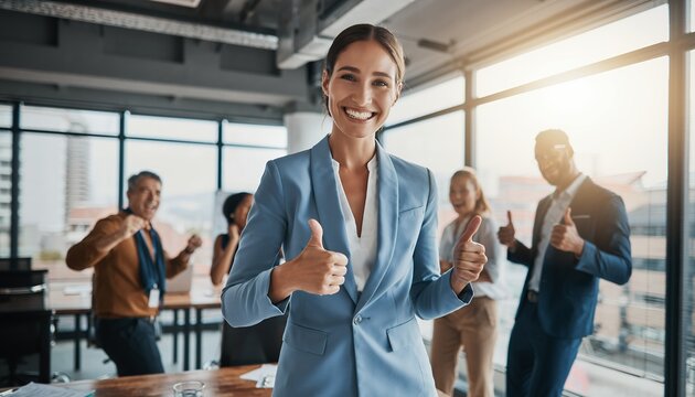 Smiling businesswoman giving thumbs up in office setting with team members celebrating, concept for corporate achievement, motivational campaign and positive work environment