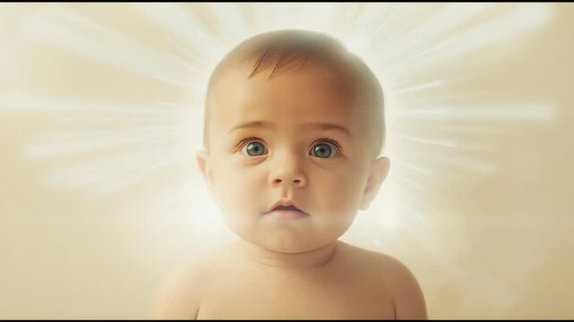 Showing barechested infant centered on beige backdrop, halo rays expanding and lens flare drifting